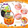 A set of twelve Halloween trick or treat candy bags with handles, featuring various colorful candies and an orange pumpkin de