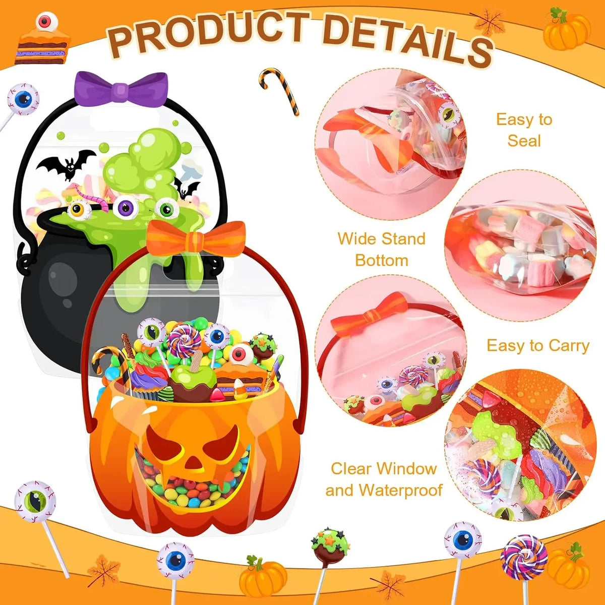 A set of twelve Halloween trick or treat candy bags with handles, featuring various colorful candies and an orange pumpkin de