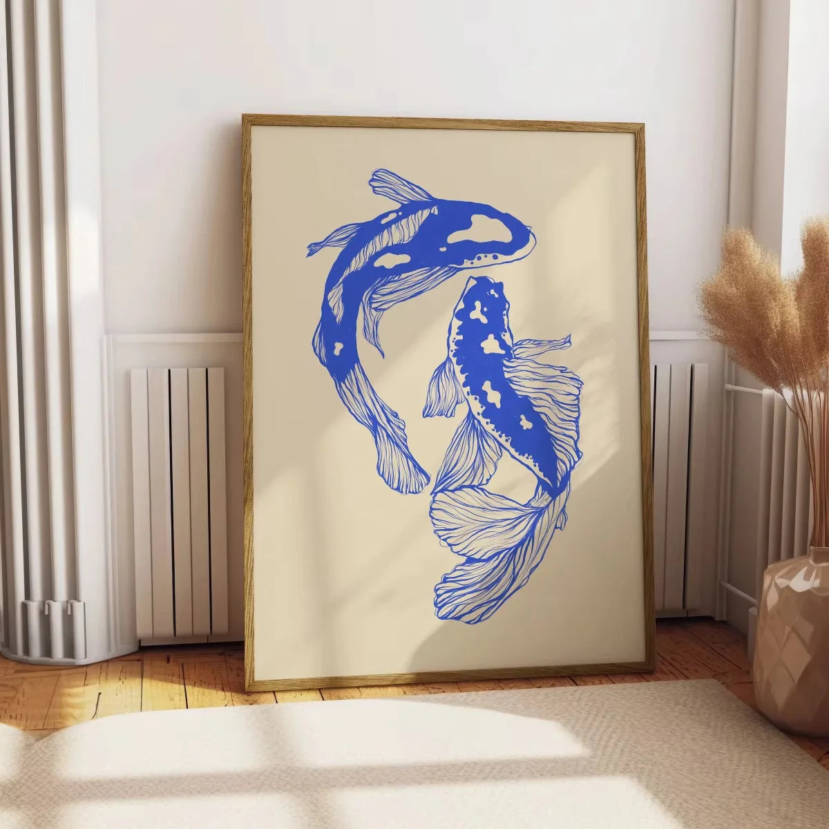 A framed canvas print featuring a blue tiger cat silhouette against a beige background.
