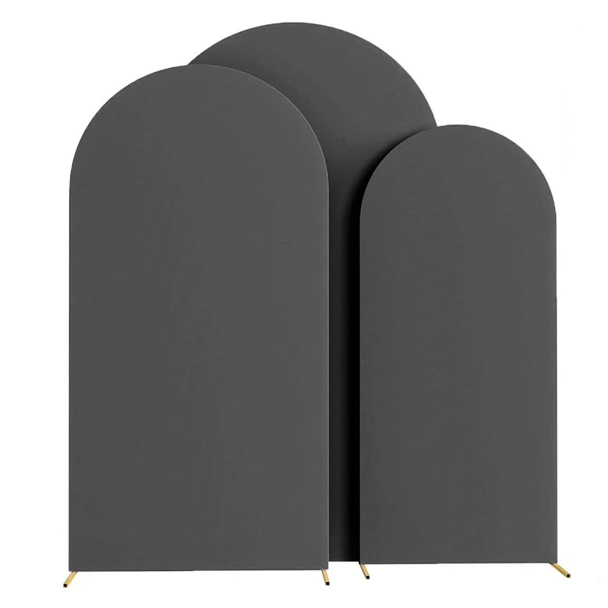 Three gray spandex fitted wedding arch covers standing upright.