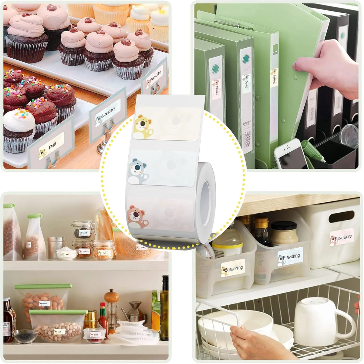 A set of thermal label paper rolls and related accessories for mini label printers are displayed on a shelf.