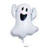 A white foil balloon shaped like a ghost with a smiling face and pink eyes.