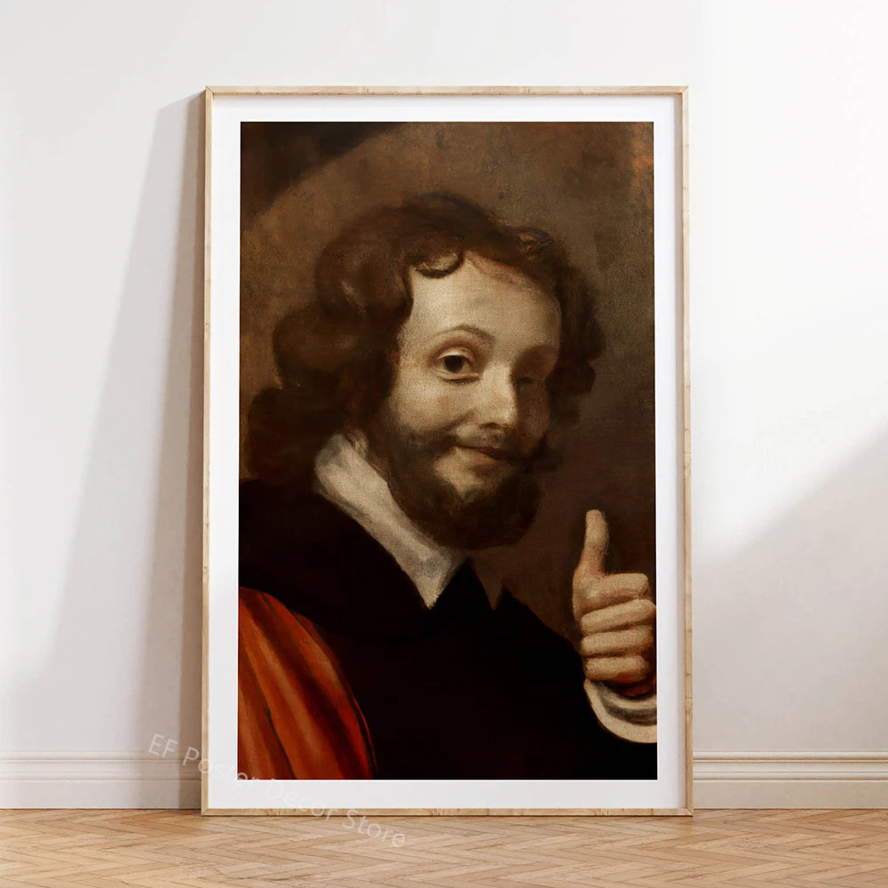 A framed oil painting portrait of a man with long hair and a beard making a thumbs-up gesture.