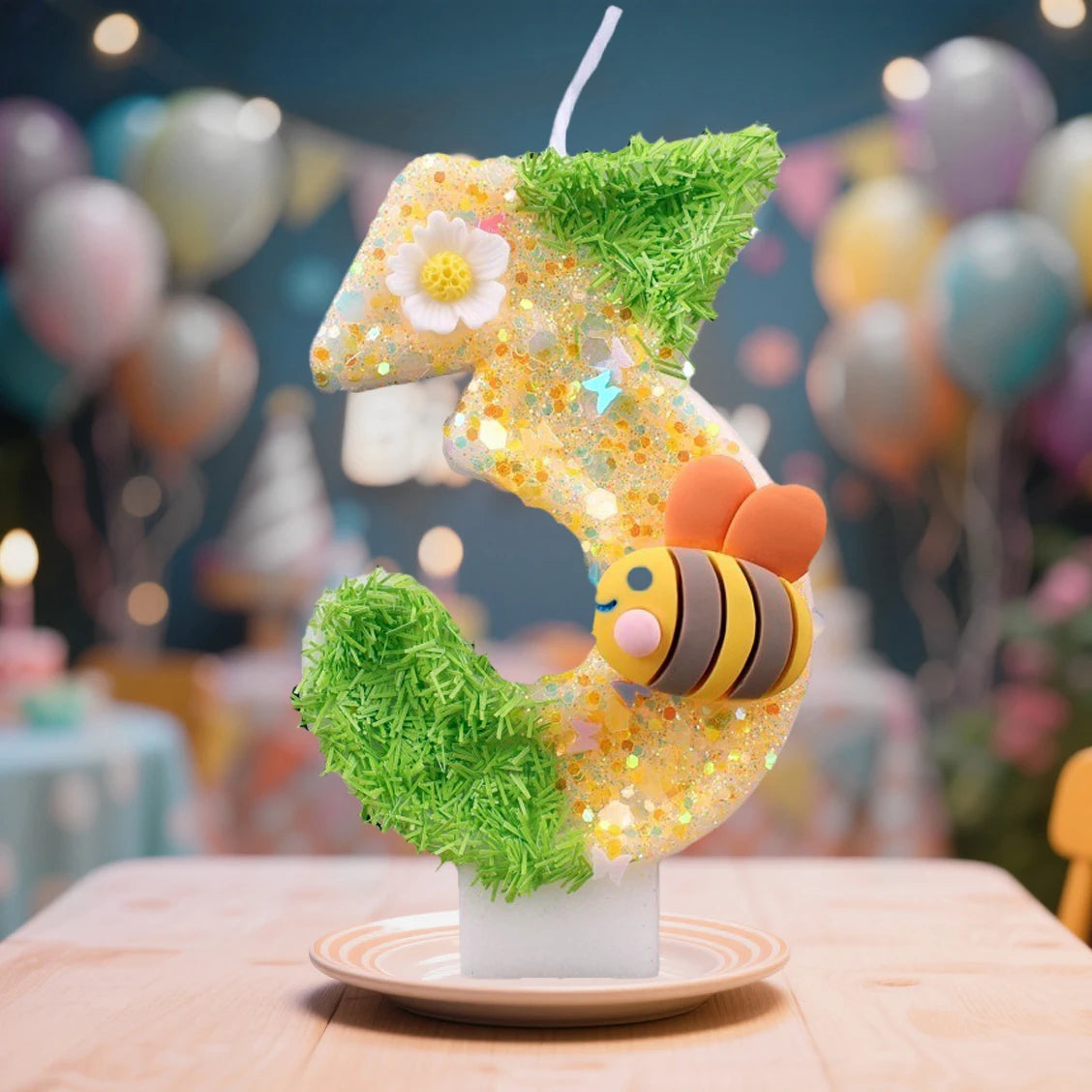 A decorative bee shaped candle made of yellow and orange material with green moss, displayed on a wooden table.