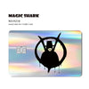 A black silhouette of a cat head is printed on a holographic credit card skin.