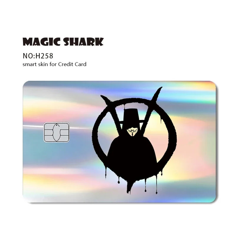 A black silhouette of a cat head is printed on a holographic credit card skin.