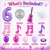 A purple music theme balloon set including a number six, a disco ball, a guitar, and musical notes.
