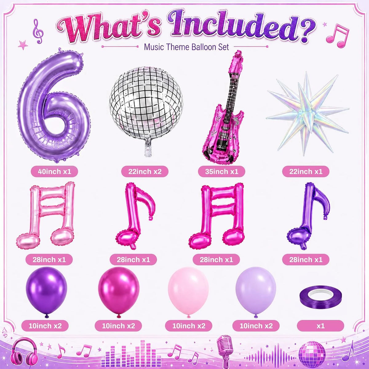 A purple music theme balloon set including a number six, a disco ball, a guitar, and musical notes.