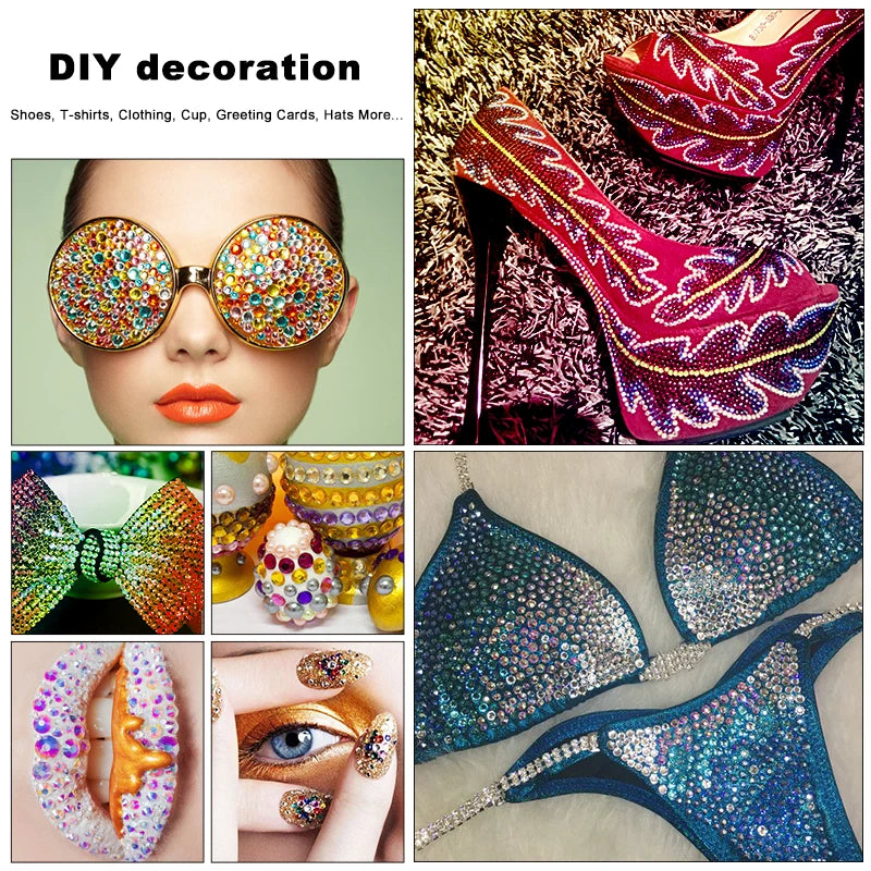 Close-up of various DIY decoration items including rhinestone shoes, glittery fabric, and nail art designs.