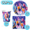 A set of 60 pieces of Kpop girl themed disposable party tableware including cups, plates, and napkins.