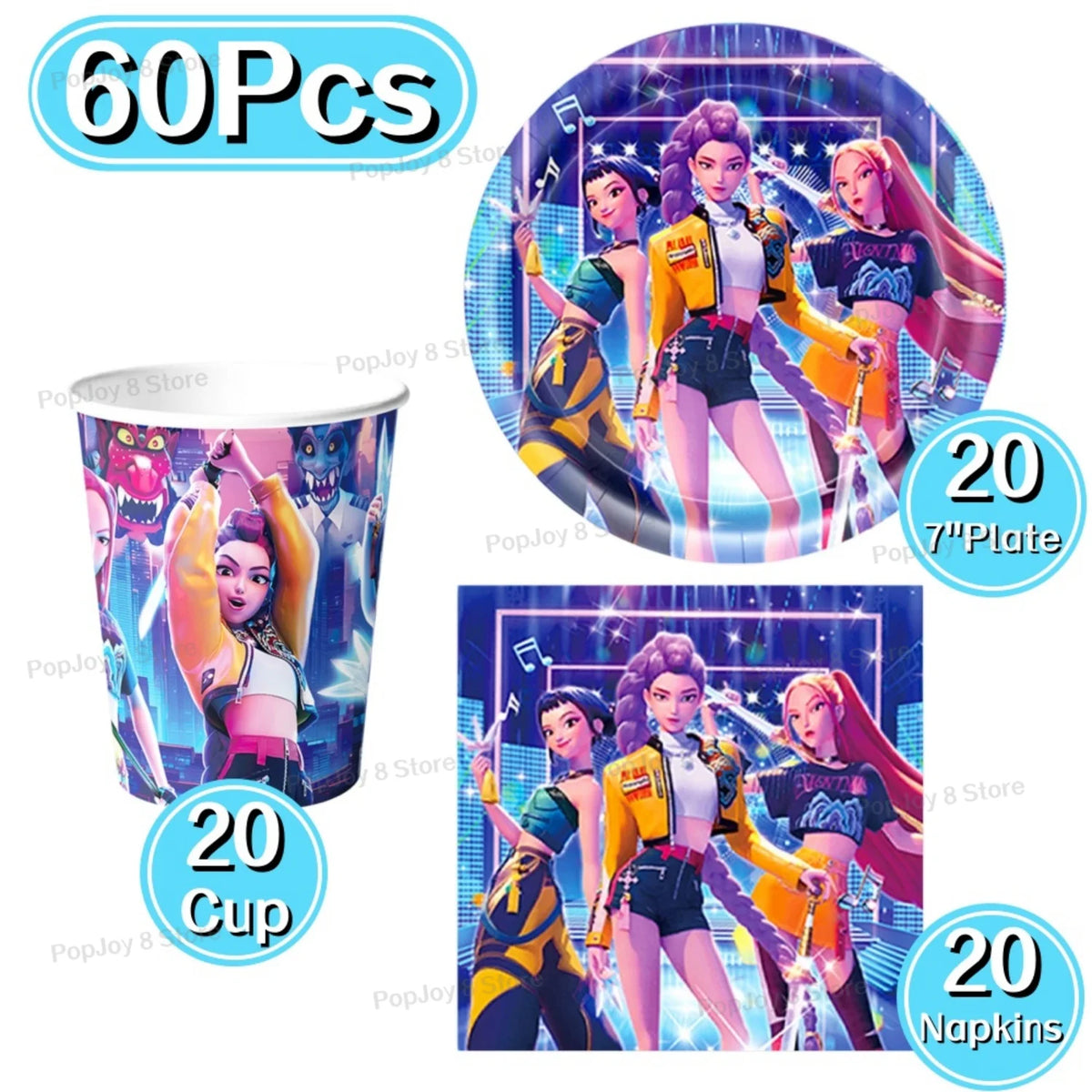 A set of 60 pieces of Kpop girl themed disposable party tableware including cups, plates, and napkins.