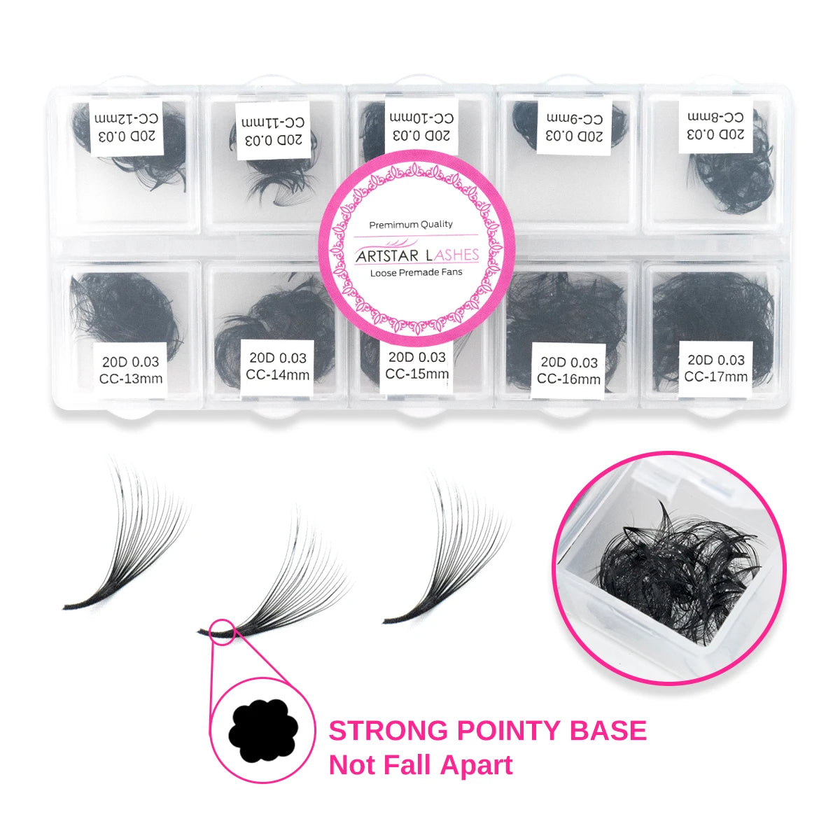 Un set de extensiones de pestañas con ventilador en varios largos y tipos de rizo, empaquetadas en compartimentos transparent