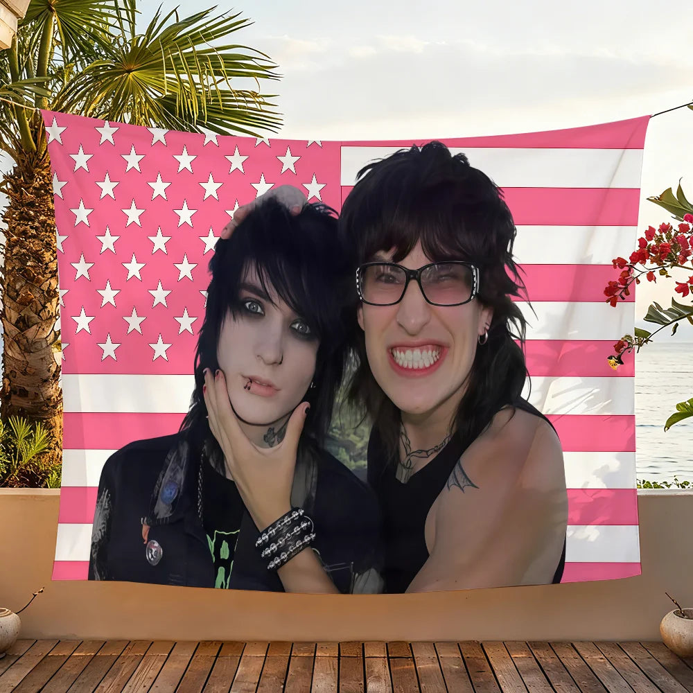 A photo of Jake Webber and Johnnie Guilbert as a patriotic tapestry wall hanging featuring the American flag design.