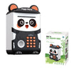 A black and white piggy bank shaped like a panda face with an electronic keypad for saving money.