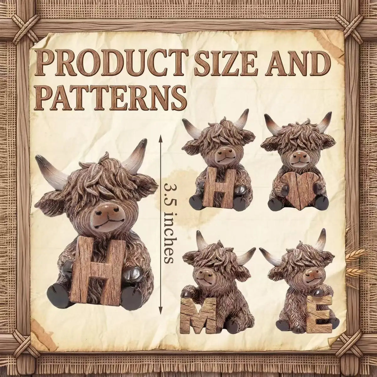 A set of rustic wooden Highland cow figures and letters H, M, and E for decorative purposes.