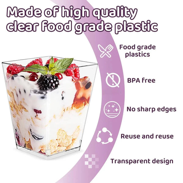 Clear plastic dessert cups with spoons used for serving parfaits and party treats