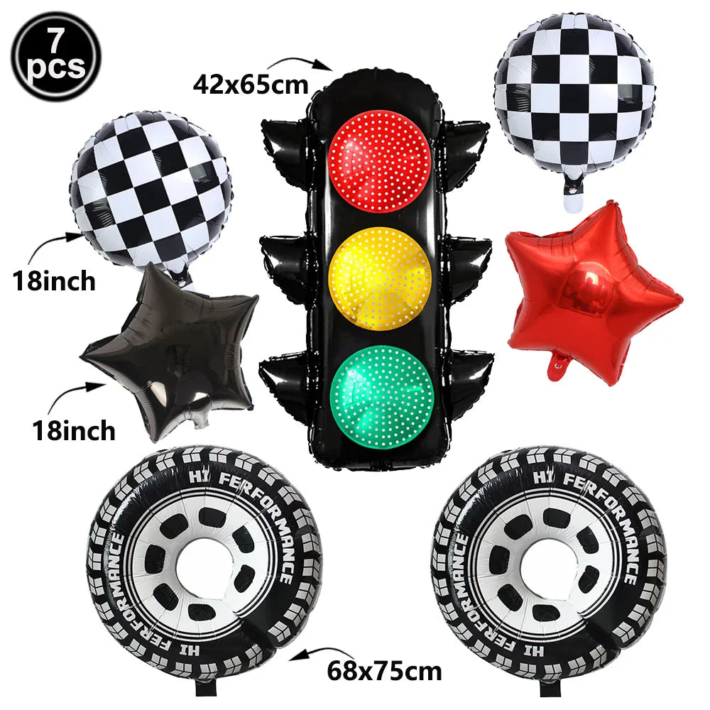 Set of 7 balloons and a tire for race car number birthday party decorations