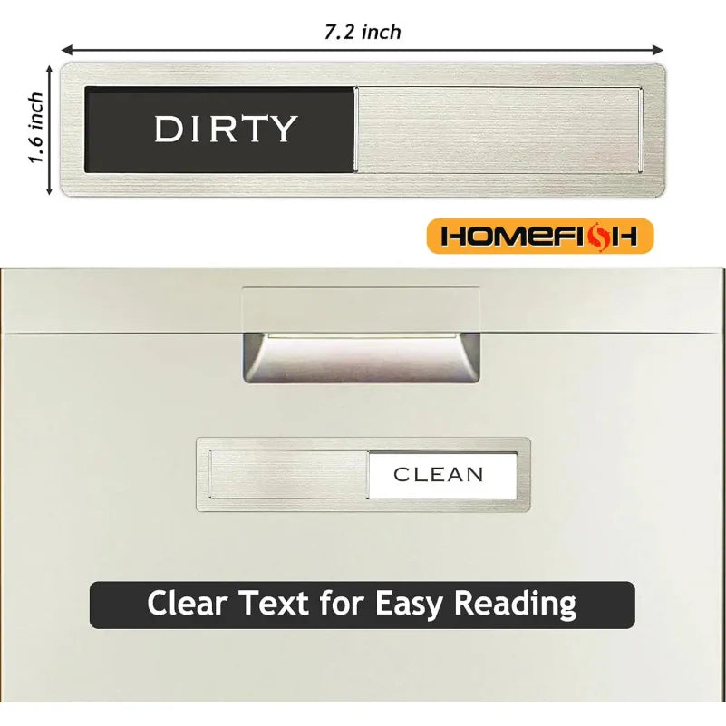A stainless steel sign magnet with 'DIRTY' and 'CLEAN' indicators for a dishwasher.