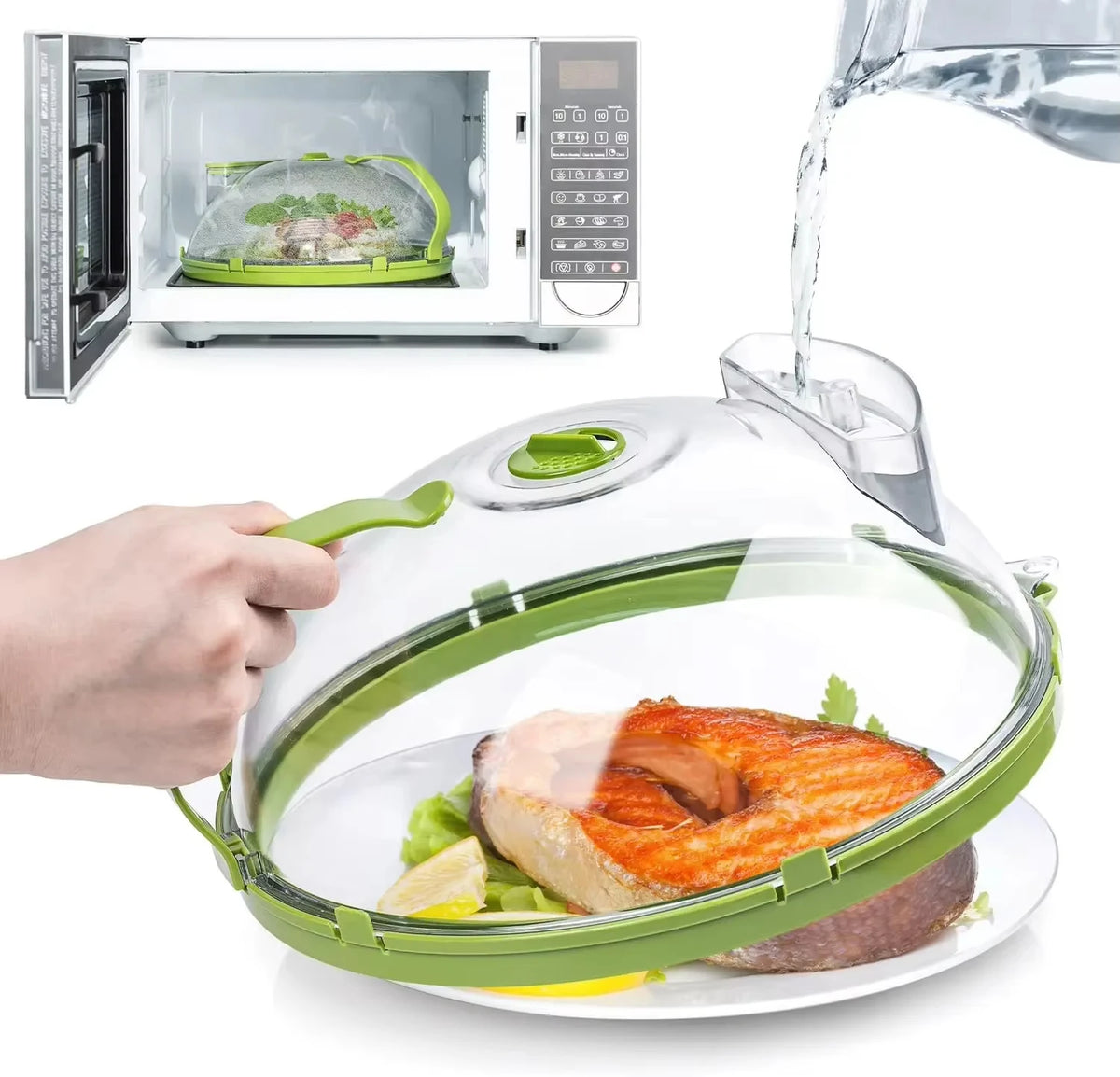 A hand holds a transparent microwave splatter guard with a steam vent and handle over a piece of salmon.