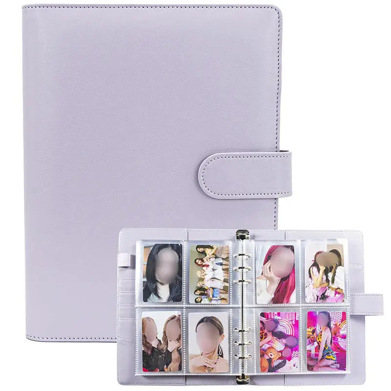 A purple A5 PU leather photocard binder with a clear plastic sleeve for holding cards.