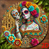Vintage Day of the Dead Catrina Lady aluminum sign featuring a colorful skull and floral design