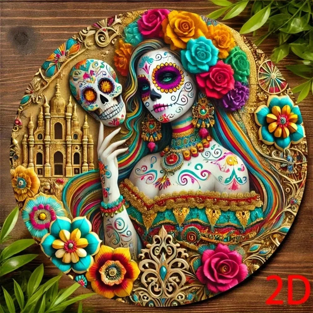 Vintage Day of the Dead Catrina Lady aluminum sign featuring a colorful skull and floral design