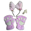 Pink fuzzy cat paw gloves with decorative headband and a small white string