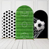 A green soccer field arch backdrop cover featuring a goal, surrounded by black and white honeycomb patterns.