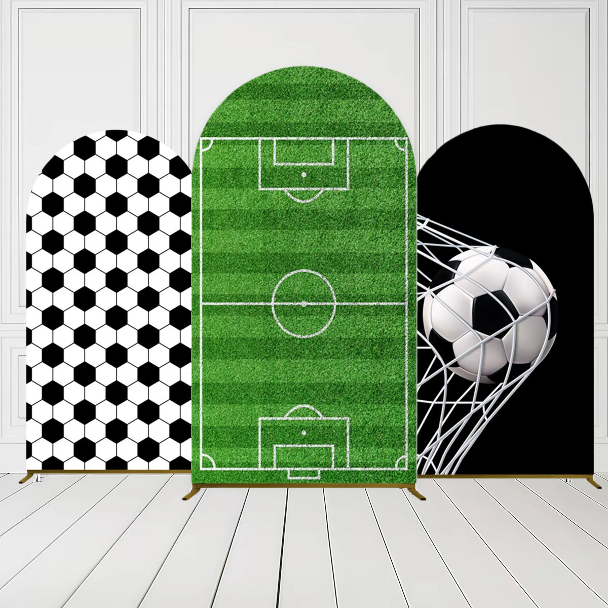 A green soccer field arch backdrop cover featuring a goal, surrounded by black and white honeycomb patterns.