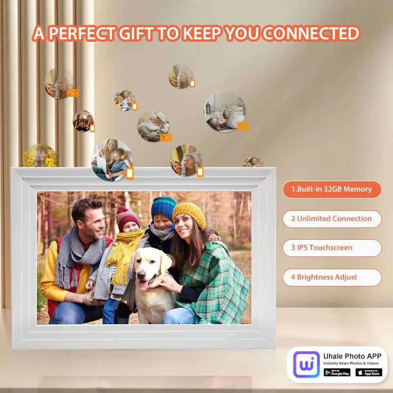 A digital photo frame displaying a family portrait, surrounded by small photos, with features like built-in memory and an IPS