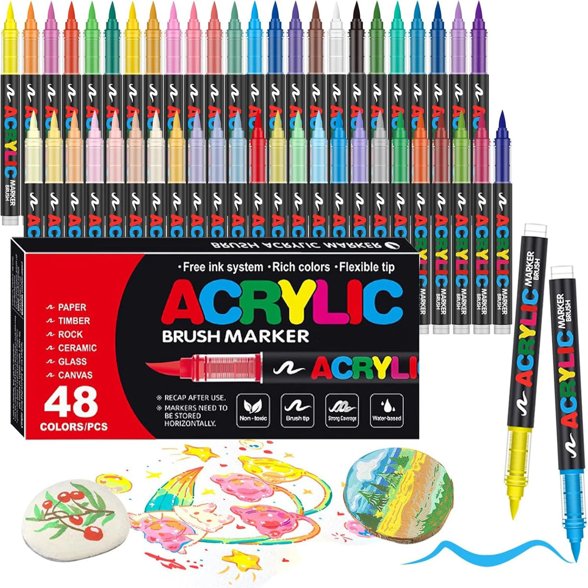 A set of 48 acrylic paint markers with various colors and brush tips displayed in a box alongside paint splatters and artwork