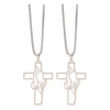 A pair of stainless steel praying hands cross pendants hanging from chains.