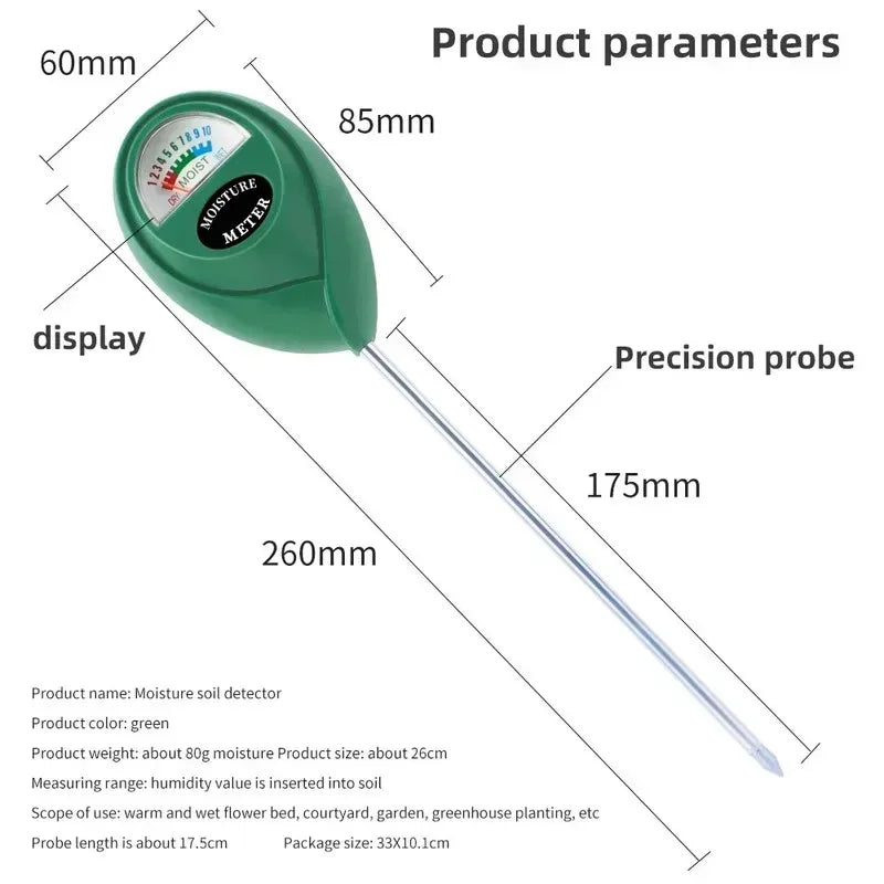 A green soil moisture meter with a precision probe and display is shown.