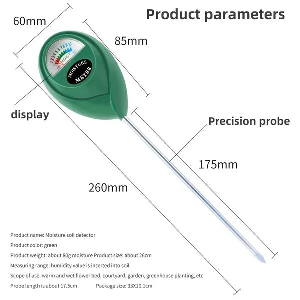 A green soil moisture meter with a precision probe and display is shown.