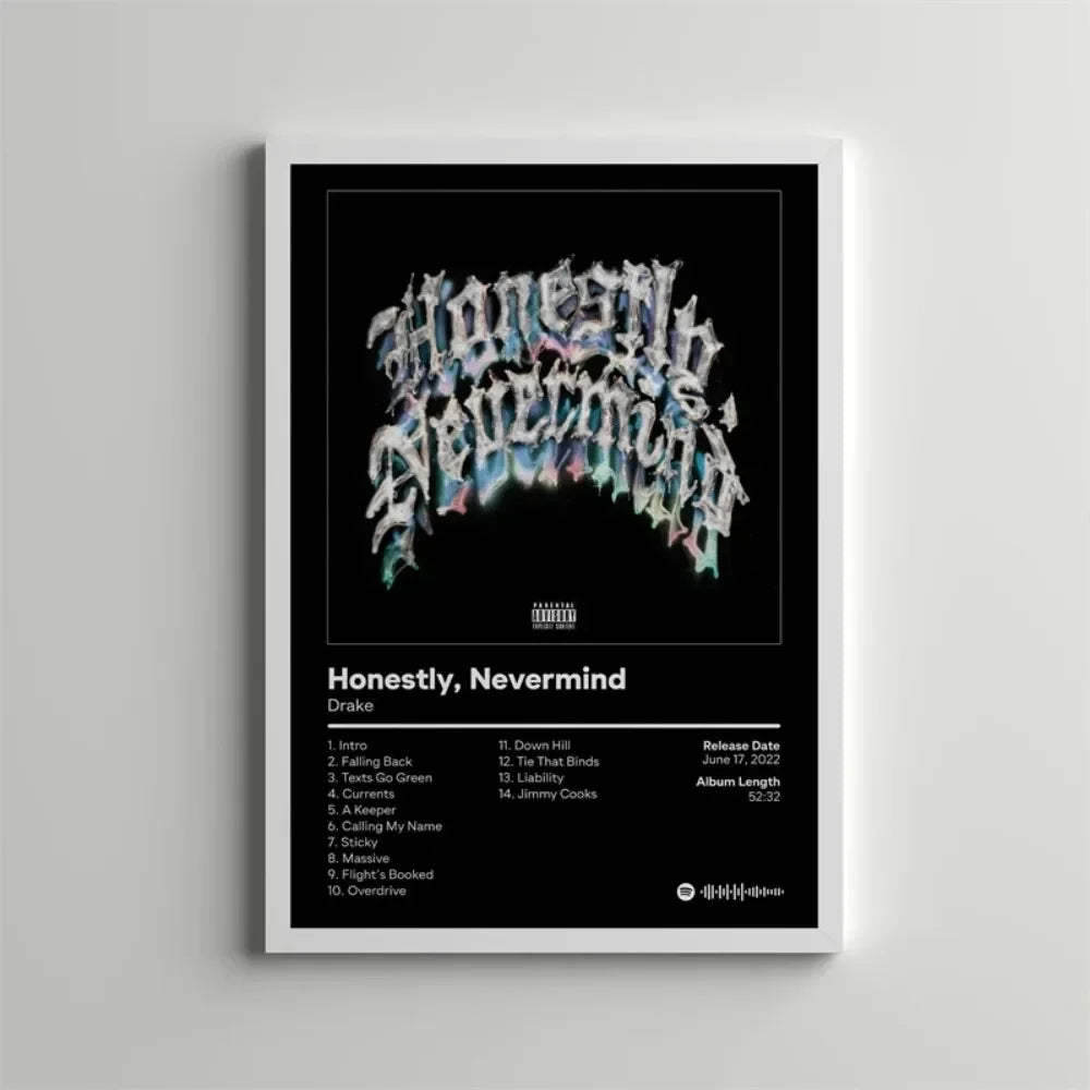 Black album cover art for Drake's Honestly, Nevermind printed on a white canvas wall art