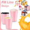 Pink plastic line design cups and various colorful drinks like juice and cocktails