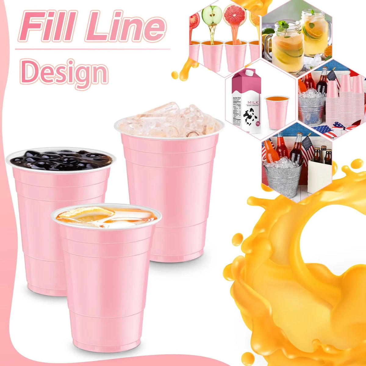 Pink plastic line design cups and various colorful drinks like juice and cocktails