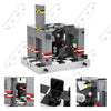 A detailed building block model of a Five Nights at Freddy's structure featuring gray and black pieces.
