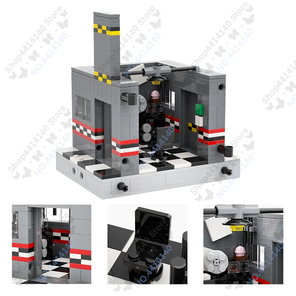 A detailed building block model of a Five Nights at Freddy's structure featuring gray and black pieces.