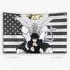 Tapiz blanco y negro con un personaje de anime estilizado con alas y temática patriótica.