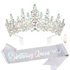 A sparkling rhinestone crown and a silver birthday queen sash set for celebration