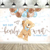 A photo backdrop featuring a cute cartoon bear, balloons, and stars for a baby shower or party decoration.