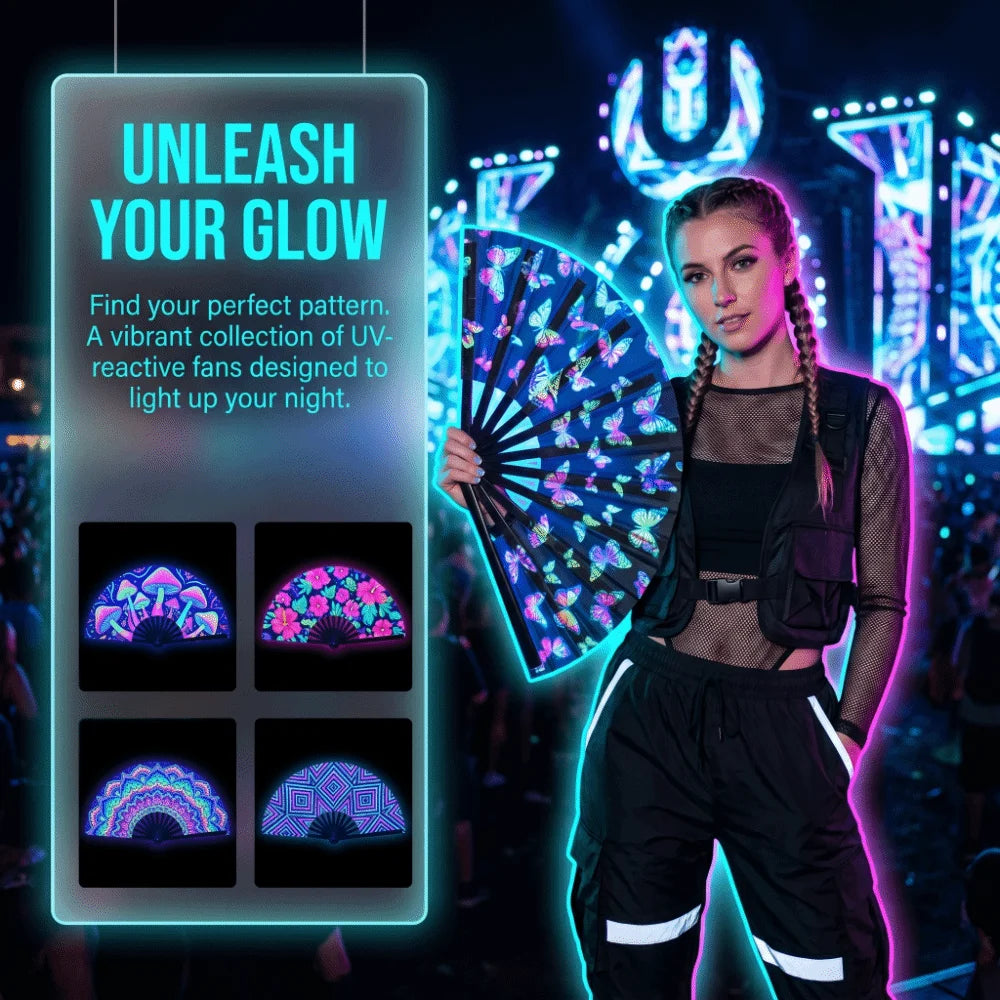 A woman holds an iridescent UV glow folding rave hand fan against a bright, neon background.