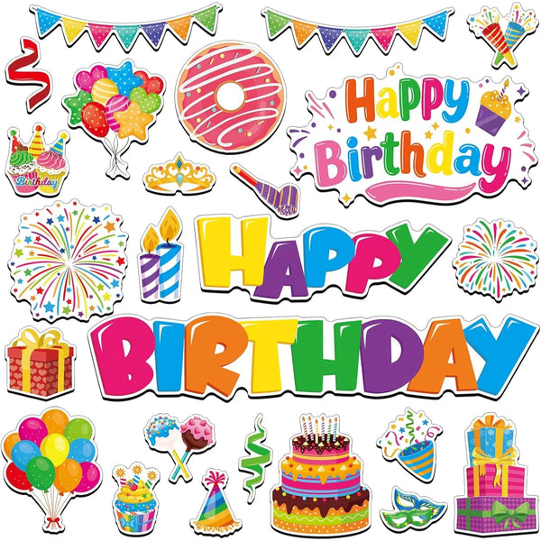 A set of colorful birthday-themed magnets and decor items for a cruise door or fridge.
