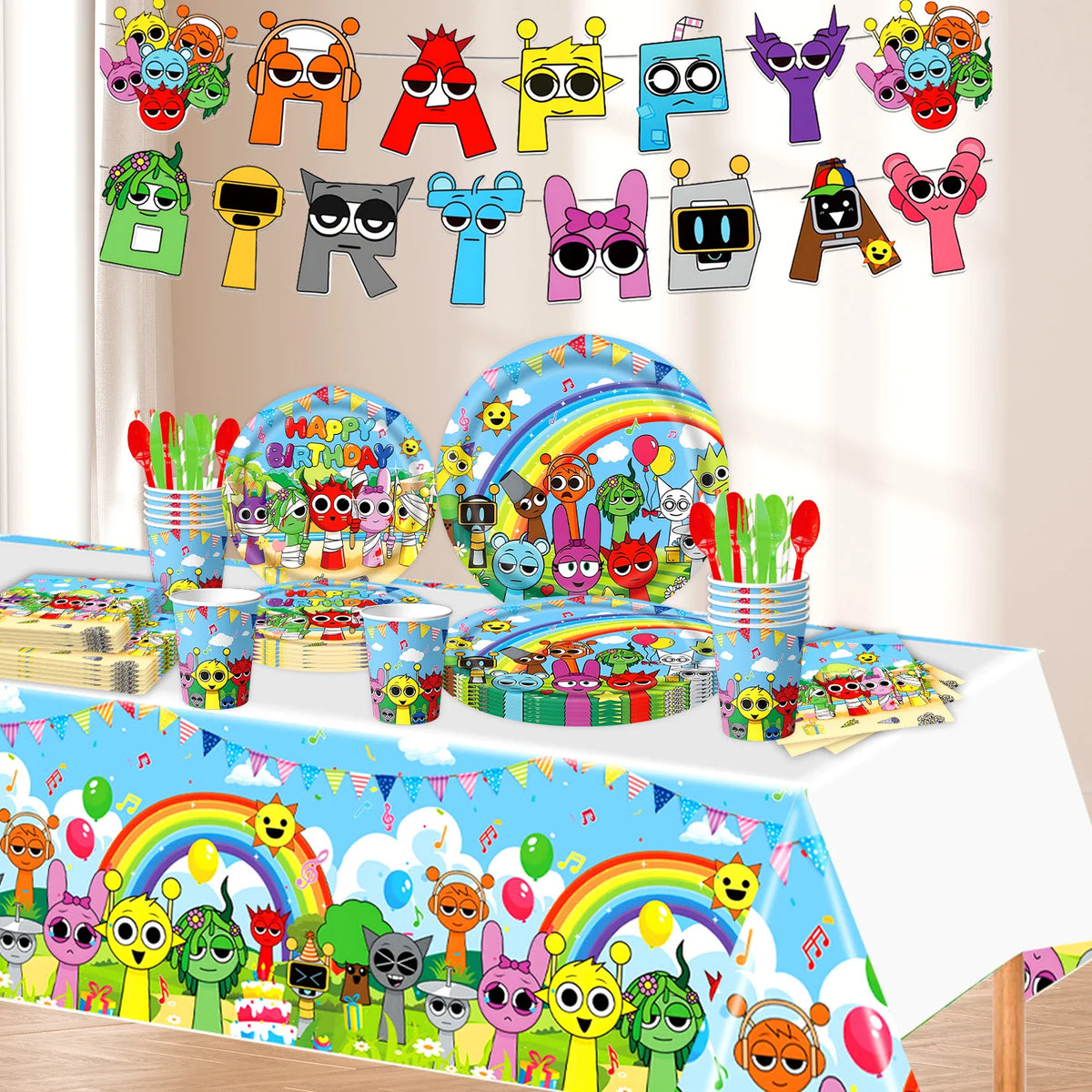 A colorful set of birthday party supplies featuring characters and themed decorations for a children's party.