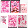 A collection of five wall art prints featuring various pink and black typography quotes and illustrations related to love, fa