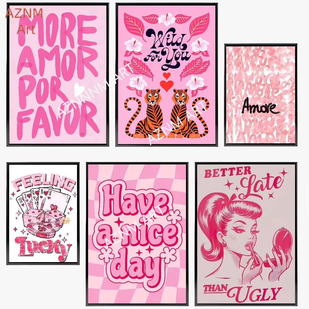 A collection of five wall art prints featuring various pink and black typography quotes and illustrations related to love, fa