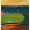 Vintage poster design featuring the name Rome above an aerial view of a football stadium, labeled Stadio Olimpico.