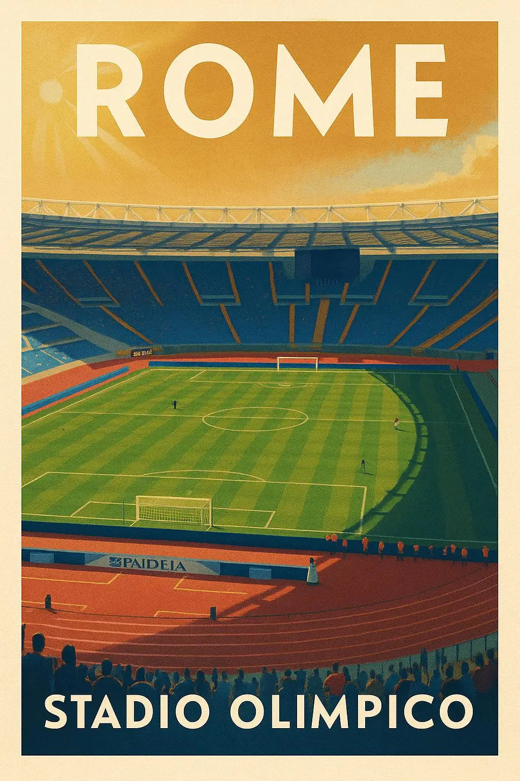 Vintage poster design featuring the name Rome above an aerial view of a football stadium, labeled Stadio Olimpico.