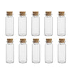 A set of clear glass vials with natural cork stoppers arranged in a grid.